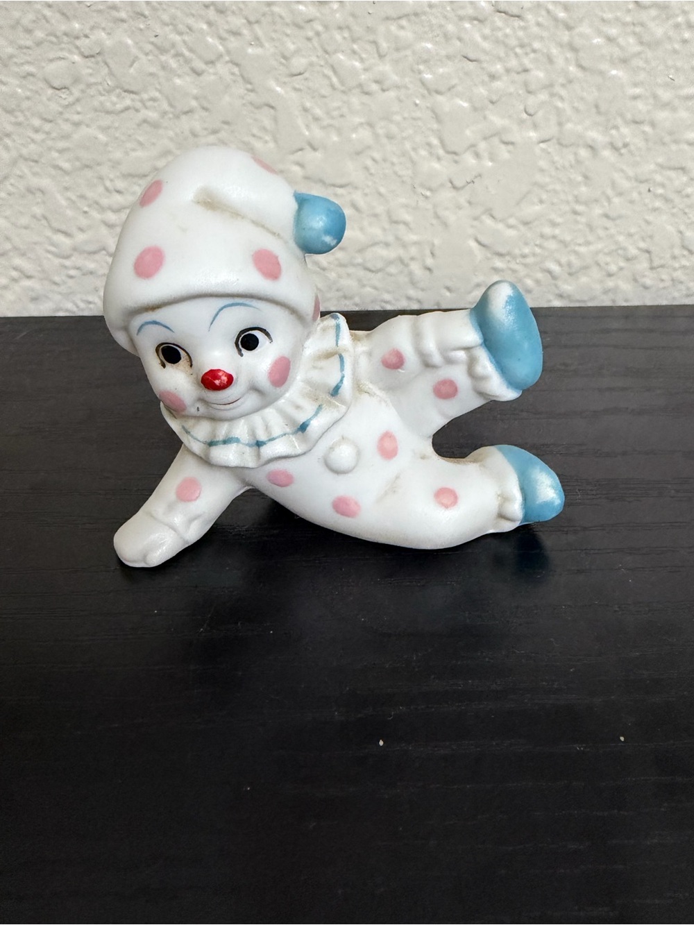 White and Pink Polka Dot Clown Porcelain Figure with Blue Accents